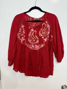NWT Olive Hill Women's boho top Size S Red Embroidered Tassel Ties Bubble Sleeve